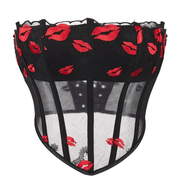 Damen Gothic Lippenbedrucktes Mesh-Vollbrustkorsett