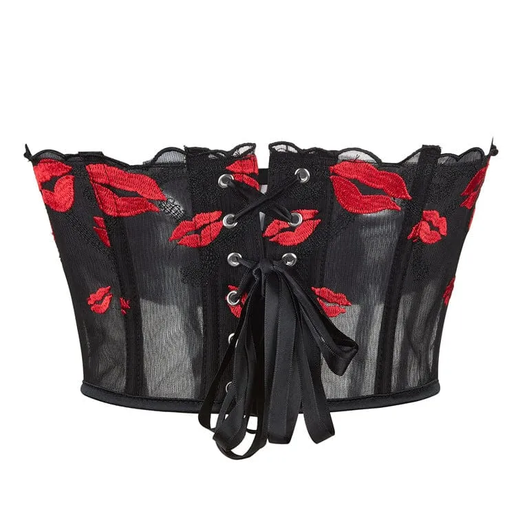 Damen Gothic Lippenbedrucktes Mesh-Vollbrustkorsett
