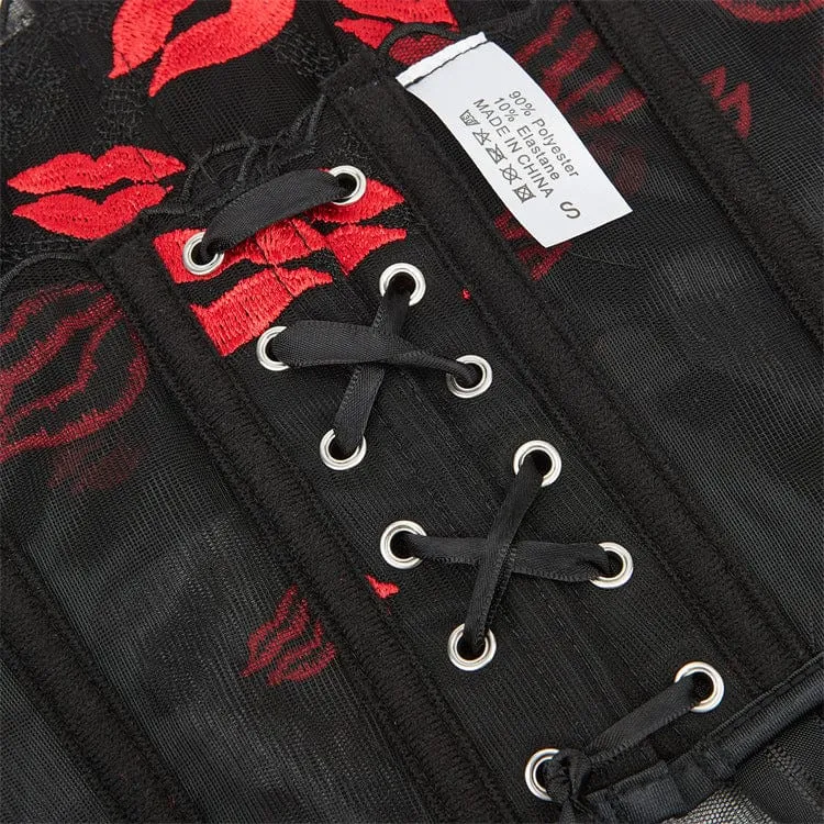 Damen Gothic Lippenbedrucktes Mesh-Vollbrustkorsett