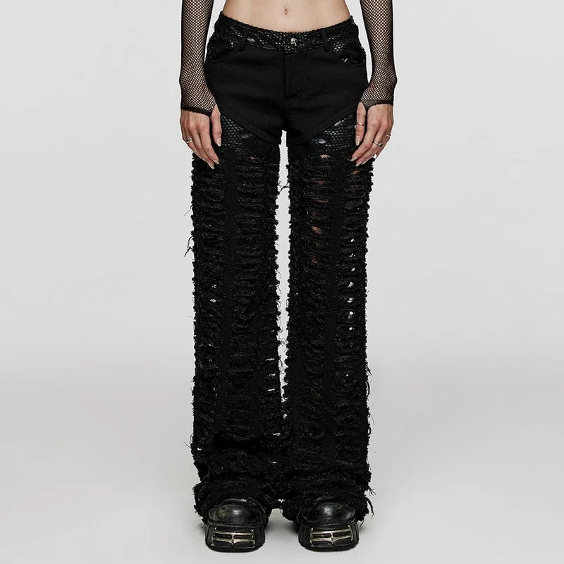 Damen Punk Mesh Splice Ripped Straight Hose