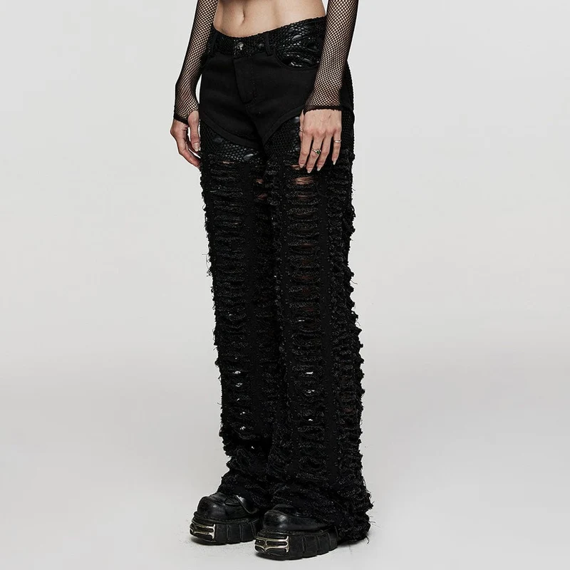 Damen Punk Mesh Splice Ripped Straight Hose