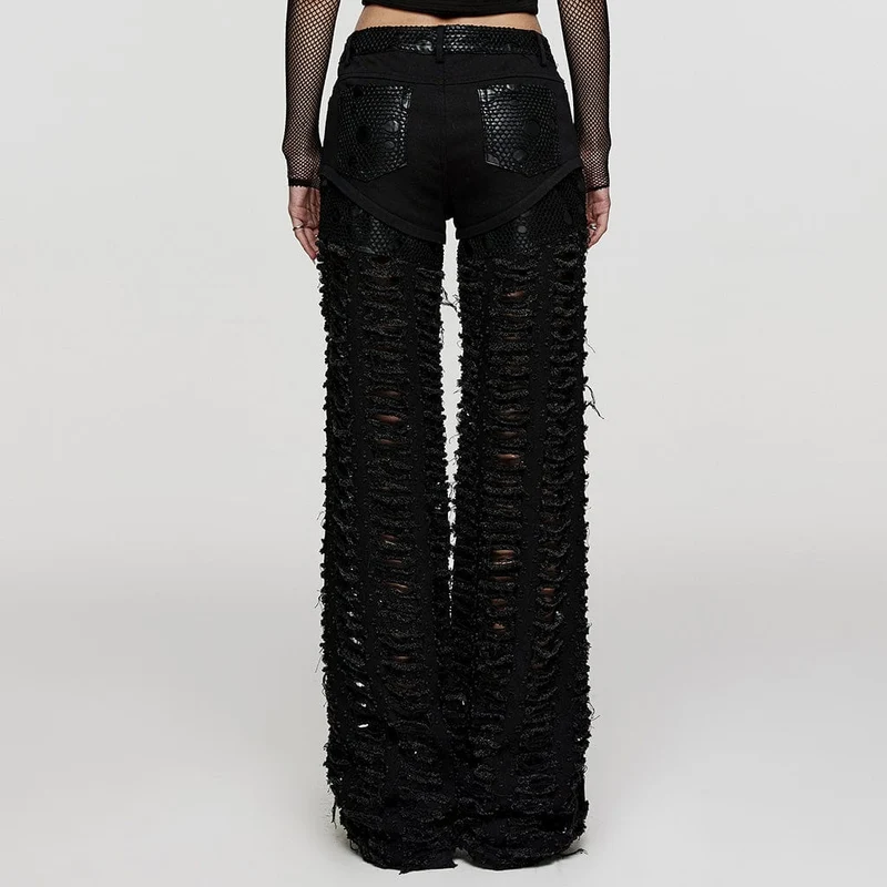 Damen Punk Mesh Splice Ripped Straight Hose