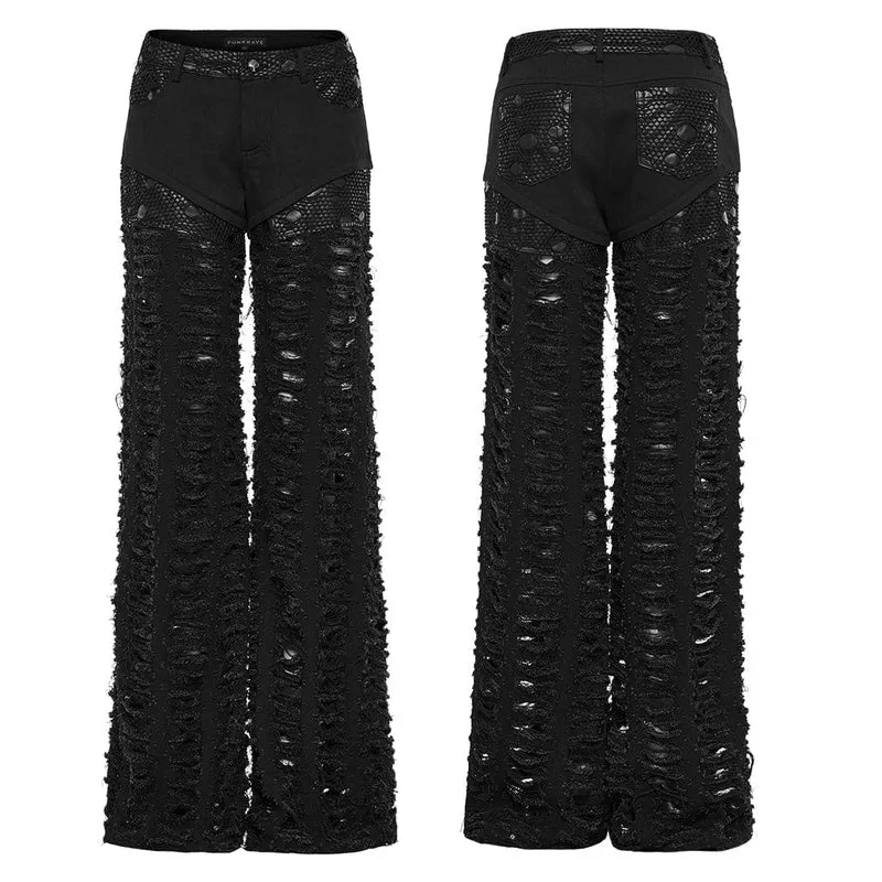 Damen Punk Mesh Splice Ripped Straight Hose