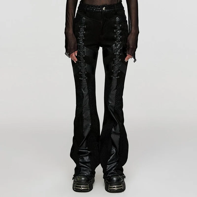 Damen-Schlaghose aus Punk-Mesh-Splice-Kunstleder