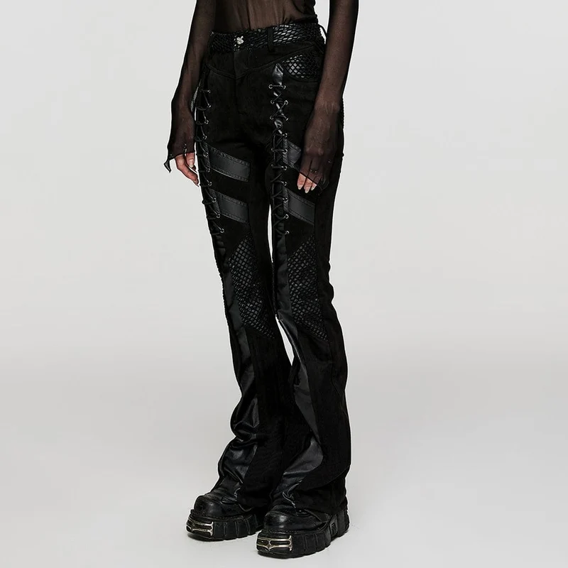 Damen-Schlaghose aus Punk-Mesh-Splice-Kunstleder