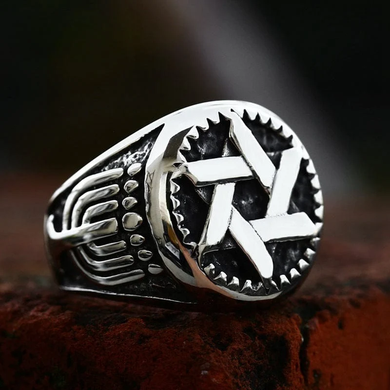 Herren-Punk-Ring mit ausgehöhltem Stern und Wellenmuster