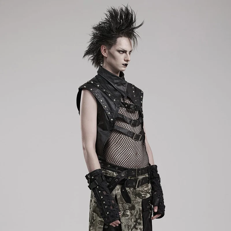 Herren-Weste aus Punk-Splice-Mesh-Kunstleder