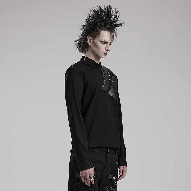 Herren-Punk-Kunstleder-Splice-Hemd