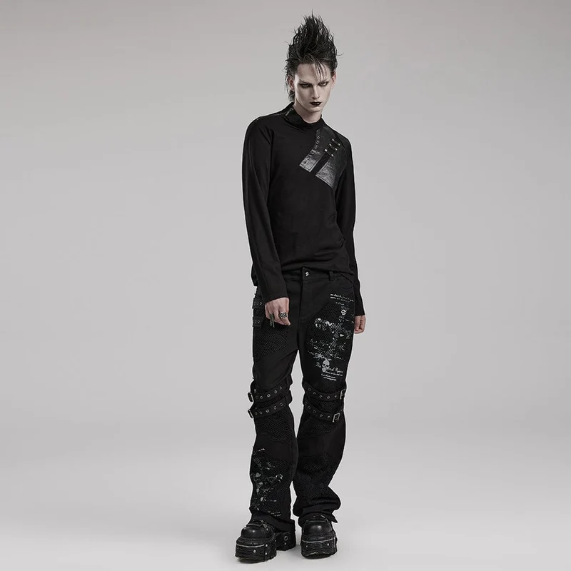 Herren-Punk-Kunstleder-Splice-Hemd