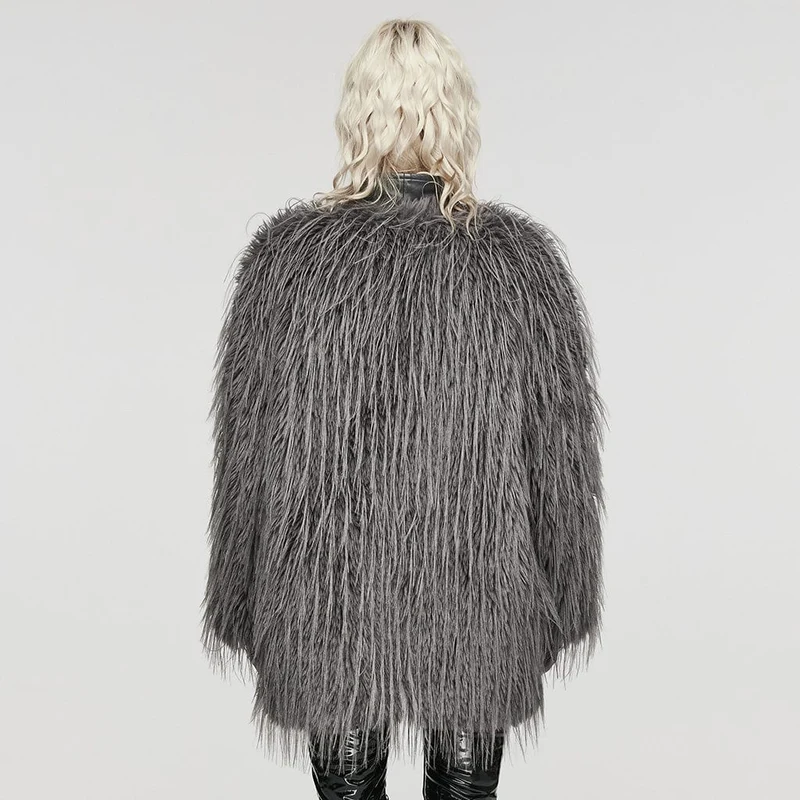 Damen-Gothic-Mantel aus Kunstfell-Spleiß-Kunstleder in Grau