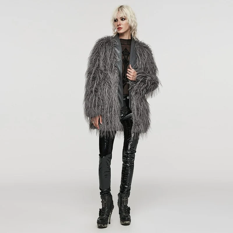 Damen-Gothic-Mantel aus Kunstfell-Spleiß-Kunstleder in Grau