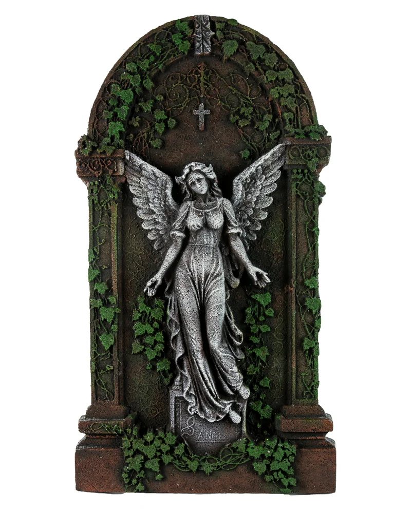 Halloween Grabstein mit Geflügelter Engelsstatue & Efeu 91cm