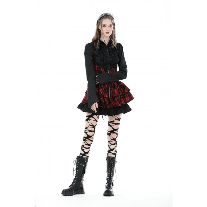 Damen-Gothic-Hemd mit Umlegekragen und Rüschen in Schwarz