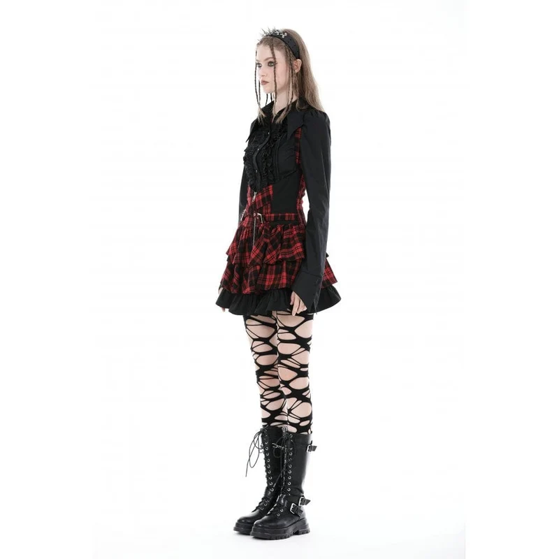 Damen-Gothic-Hemd mit Umlegekragen und Rüschen in Schwarz