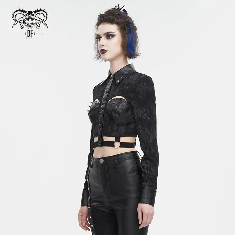 Punk-Crop-Top mit Umlegekragen und Cutout und Nieten für Damen