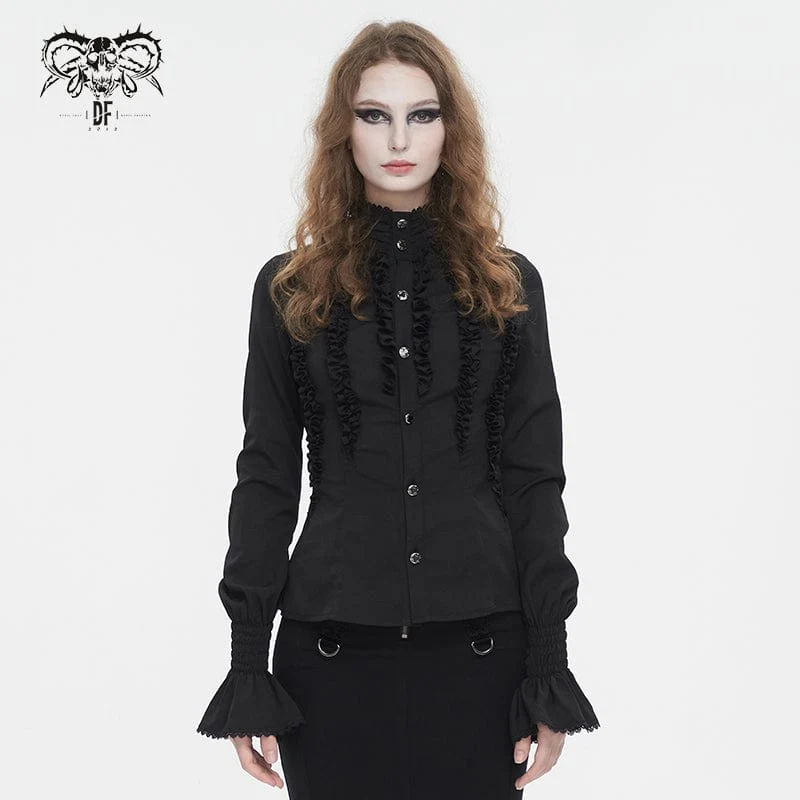 Damen Gothic-Hemd mit Stehkragen und Rüschen, Schwarz