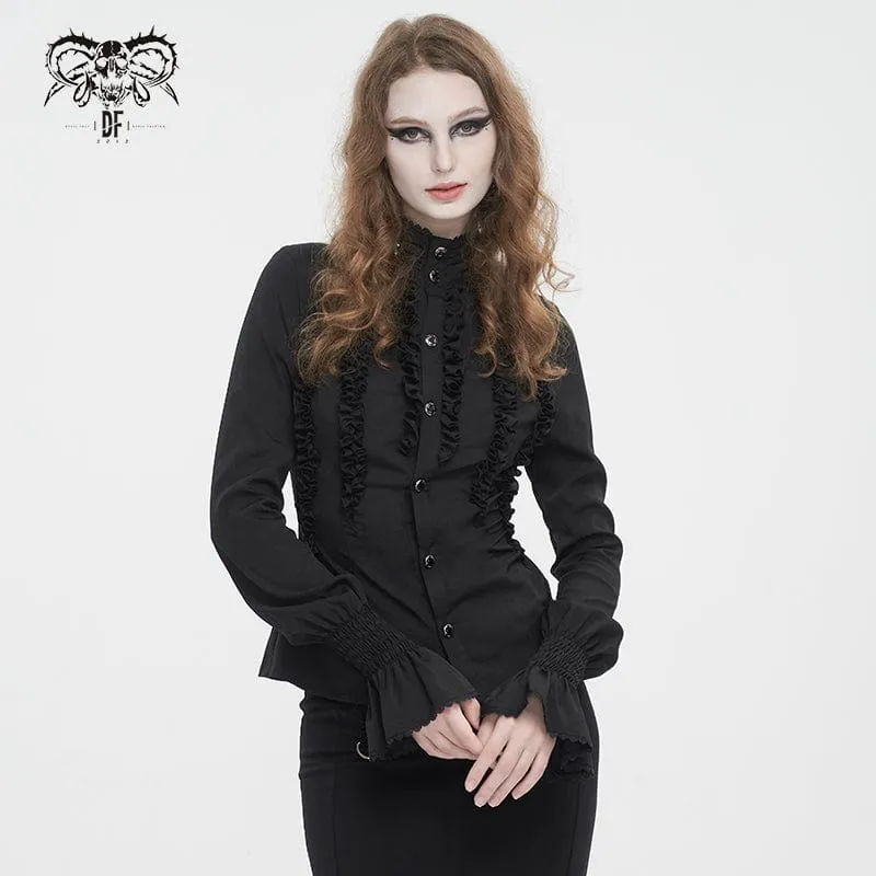Damen Gothic-Hemd mit Stehkragen und Rüschen, Schwarz