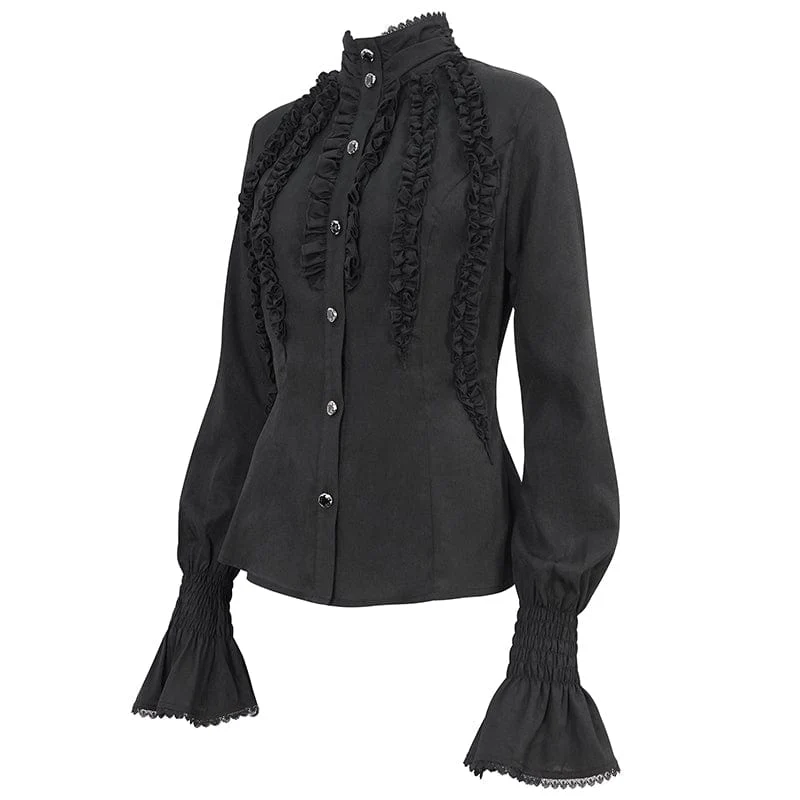 Damen Gothic-Hemd mit Stehkragen und Rüschen, Schwarz