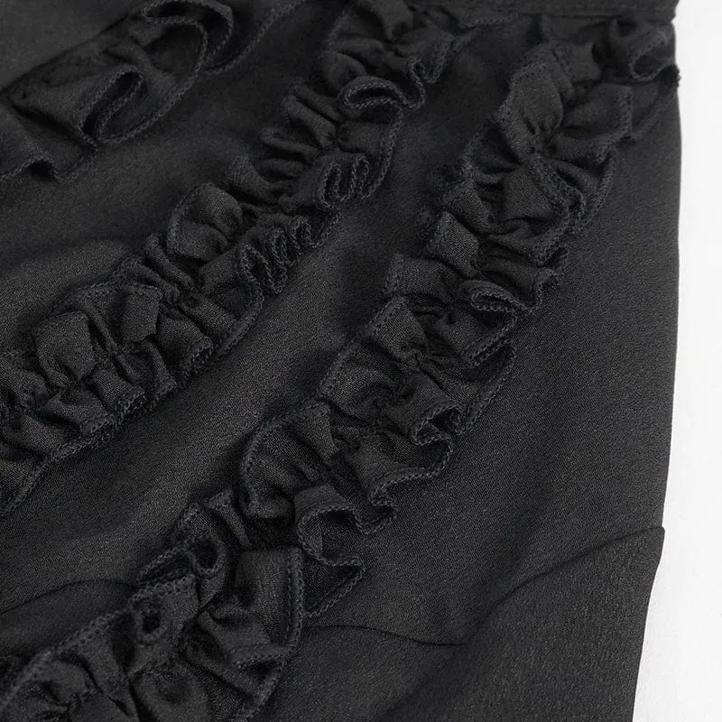Damen Gothic-Hemd mit Stehkragen und Rüschen, Schwarz