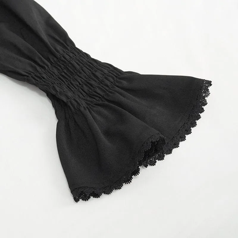 Damen Gothic-Hemd mit Stehkragen und Rüschen, Schwarz