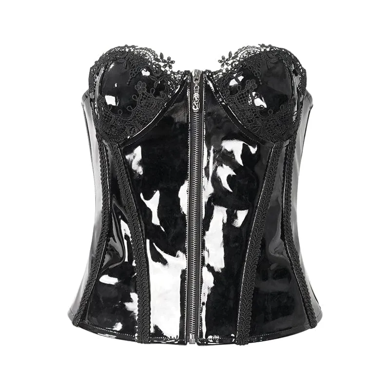 Damen Punk Lace Splice Lackleder Vollbrustkorsett Schwarz