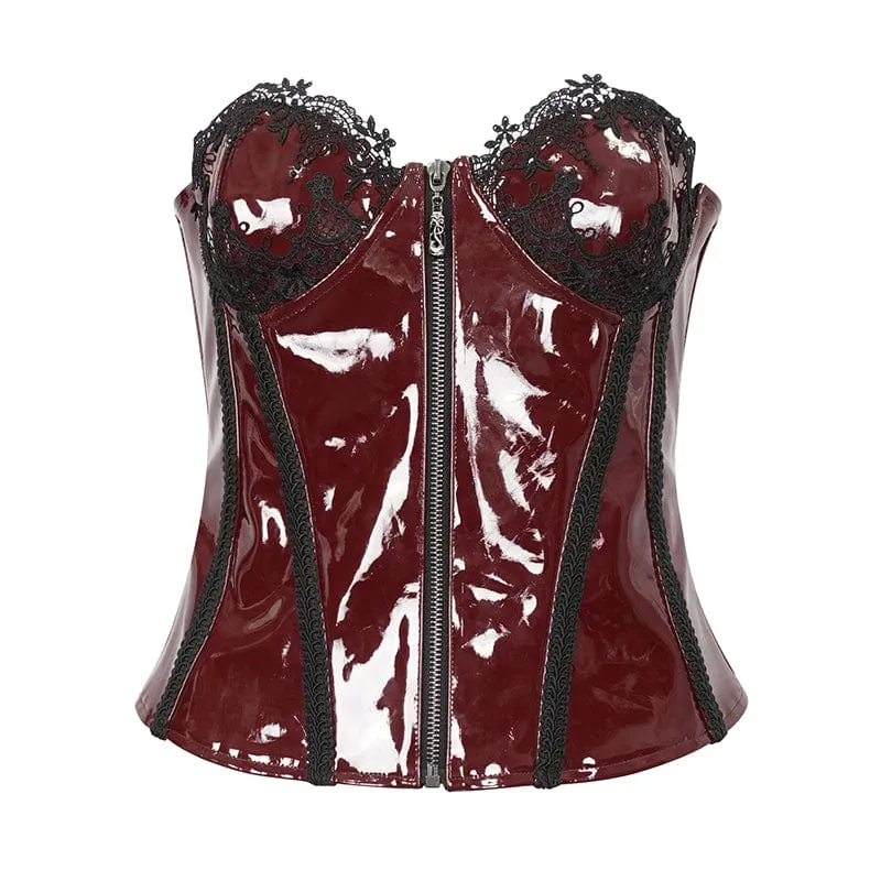 Damen Punk Lace Splice Lackleder Vollbrustkorsett Rot