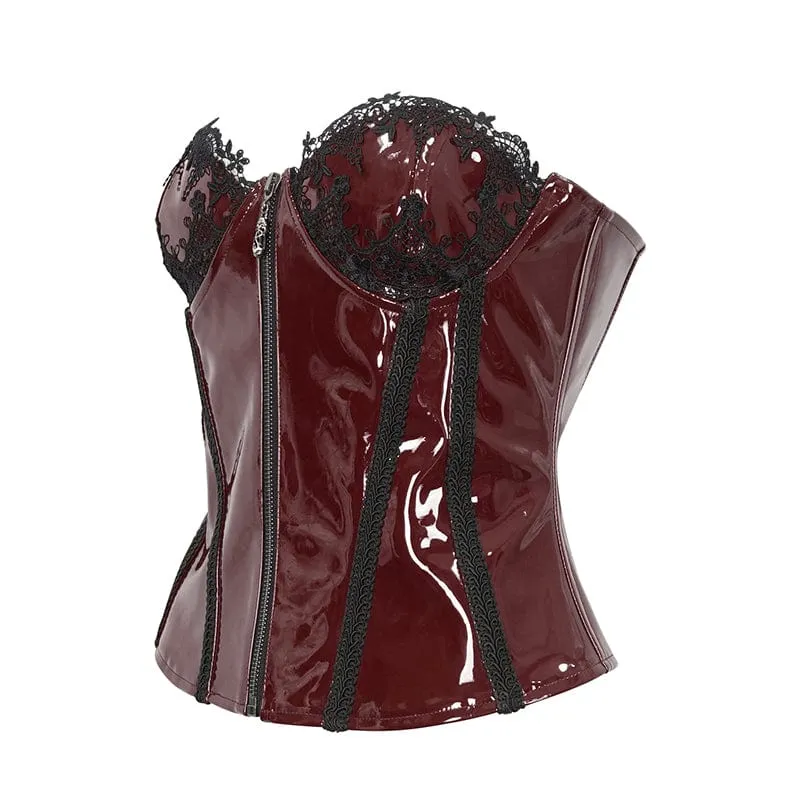 Damen Punk Lace Splice Lackleder Vollbrustkorsett Rot