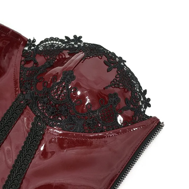 Damen Punk Lace Splice Lackleder Vollbrustkorsett Rot