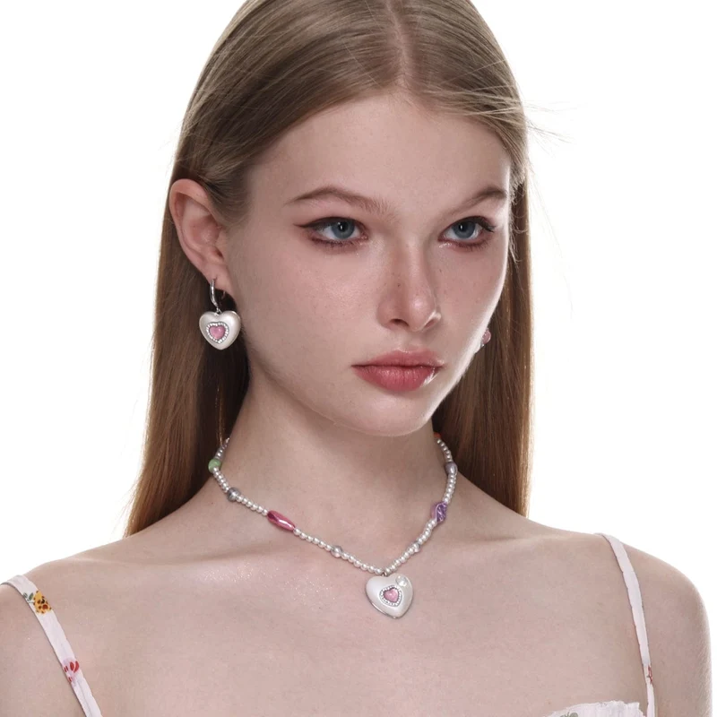Damen-Lolita-Diamant-Herz-Perlen-Halskette