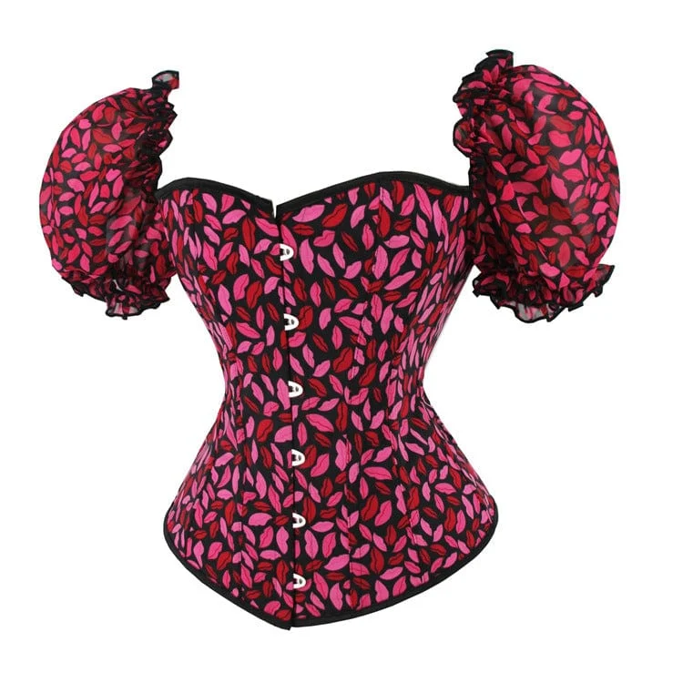 Damen Gothic-Vollbrustkorsett mit Puffärmeln und Lippen-Print