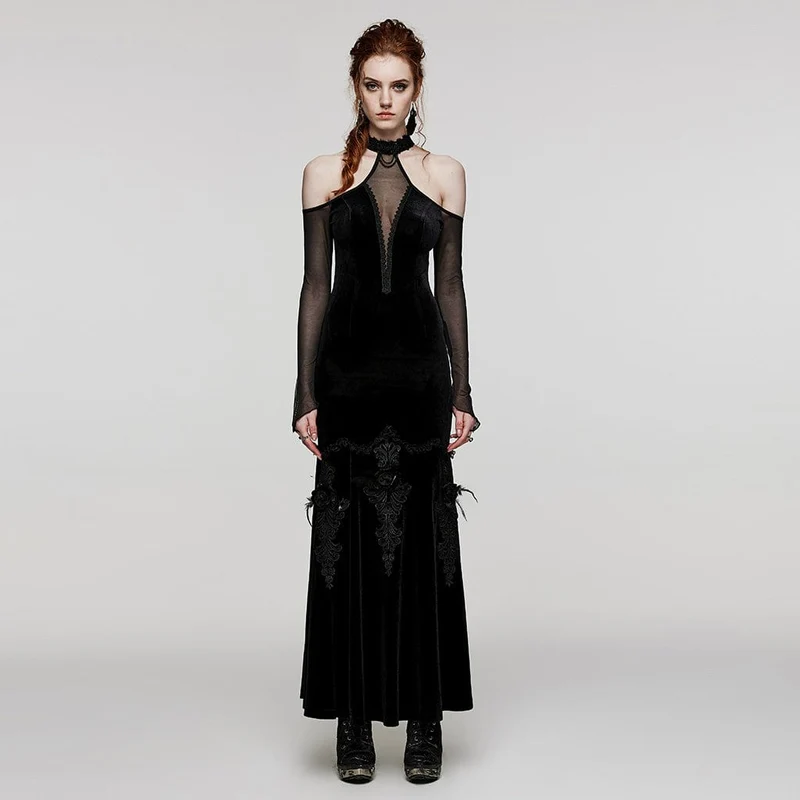Damen Gothic Off Shoulder Mesh Splice Samtkleid