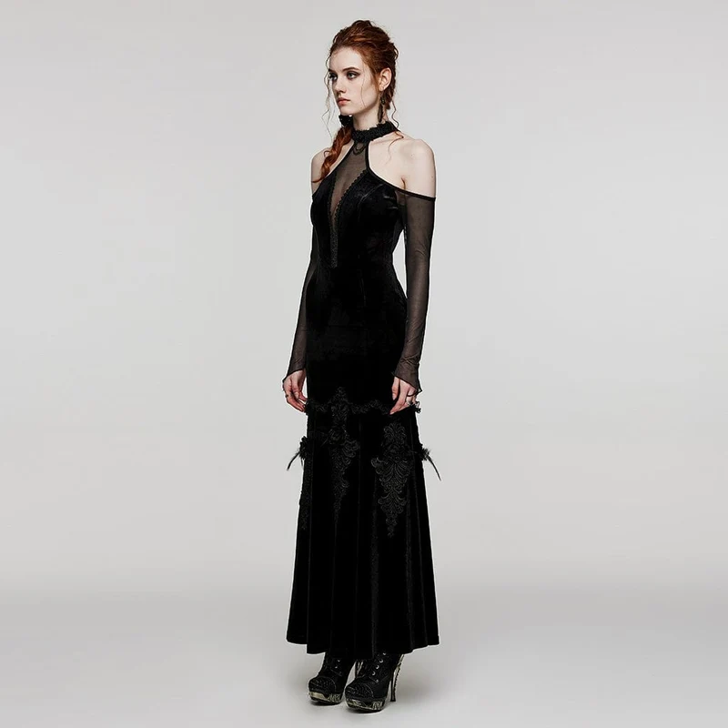 Damen Gothic Off Shoulder Mesh Splice Samtkleid