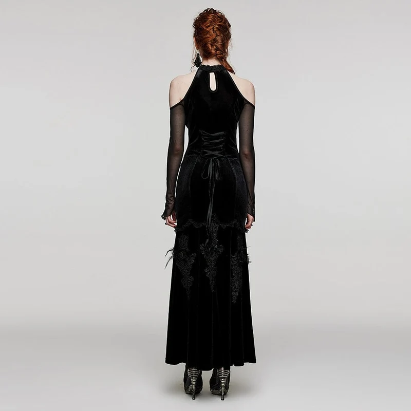 Damen Gothic Off Shoulder Mesh Splice Samtkleid