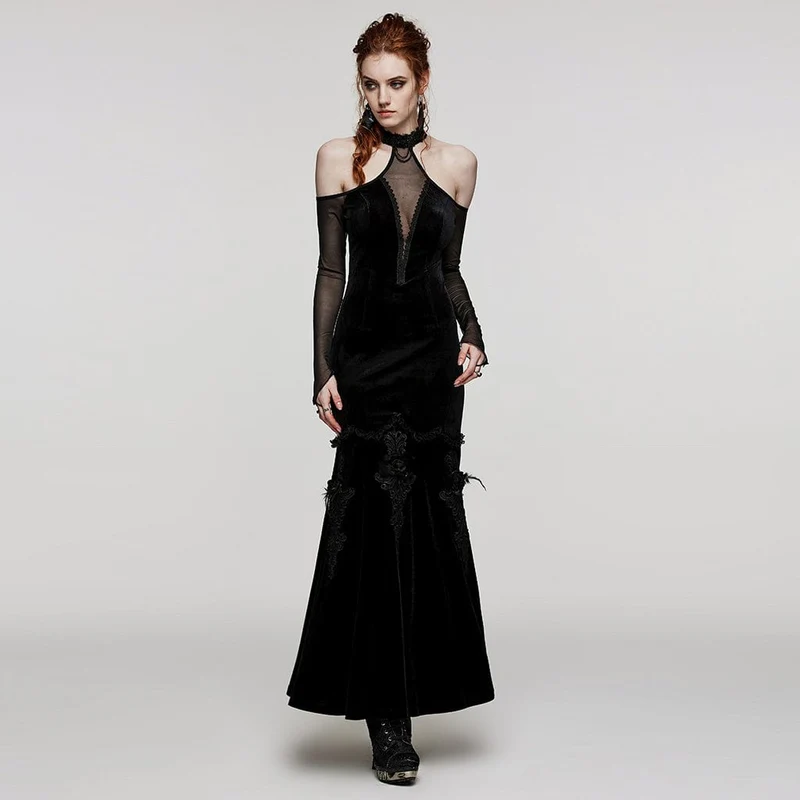 Damen Gothic Off Shoulder Mesh Splice Samtkleid