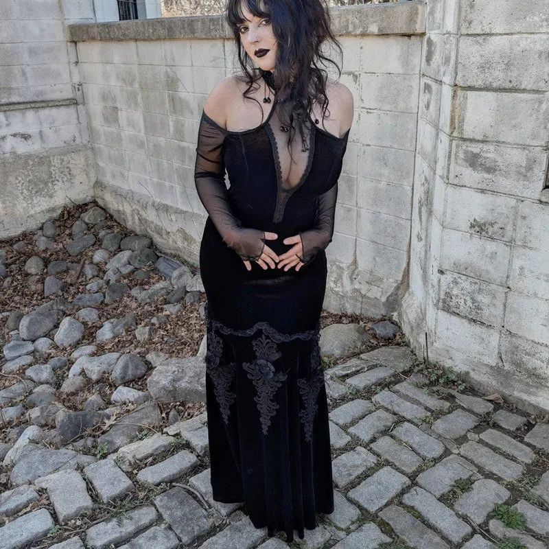 Damen Gothic Off Shoulder Mesh Splice Samtkleid
