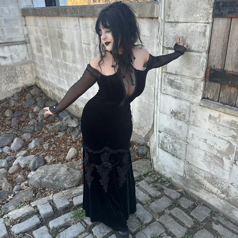 Damen Gothic Off Shoulder Mesh Splice Samtkleid