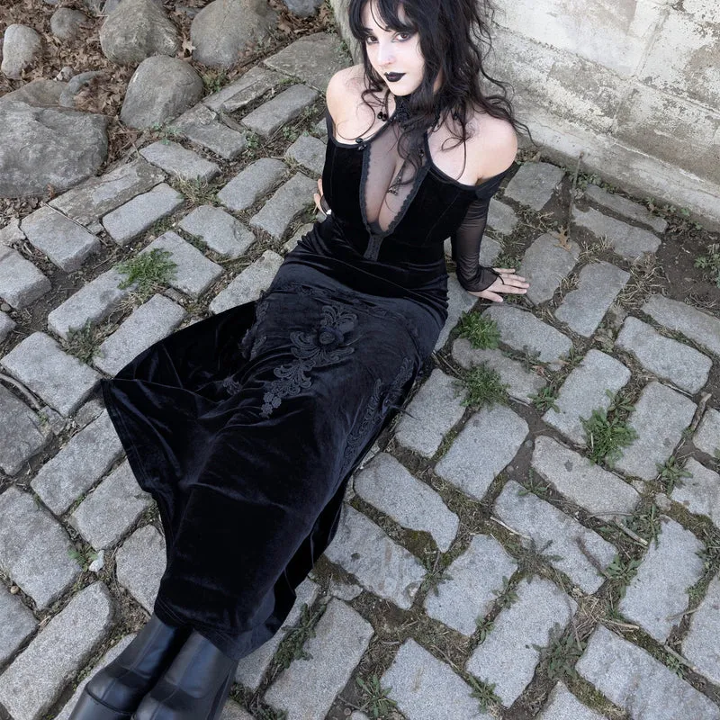 Damen Gothic Off Shoulder Mesh Splice Samtkleid