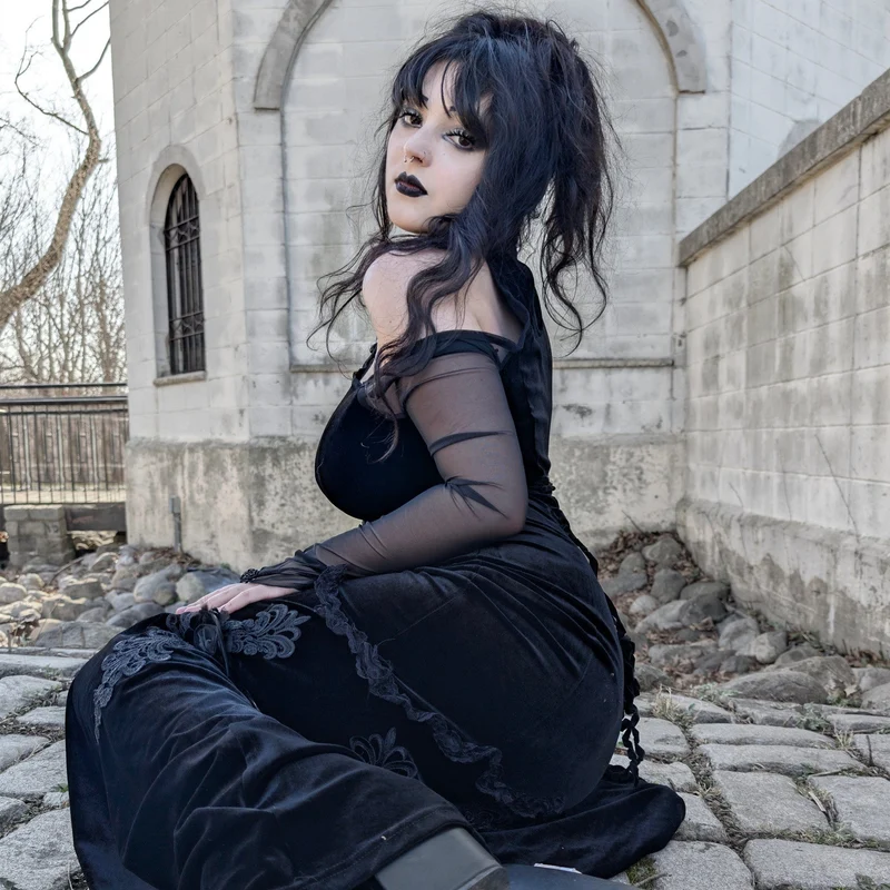 Damen Gothic Off Shoulder Mesh Splice Samtkleid