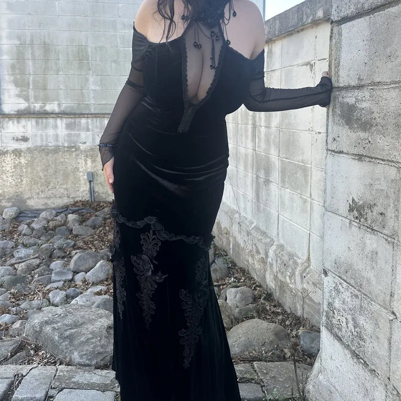 Damen Gothic Off Shoulder Mesh Splice Samtkleid