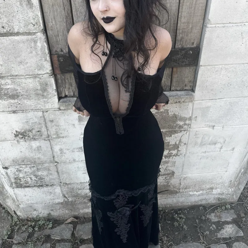 Damen Gothic Off Shoulder Mesh Splice Samtkleid
