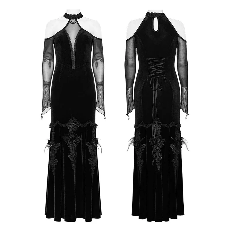 Damen Gothic Off Shoulder Mesh Splice Samtkleid