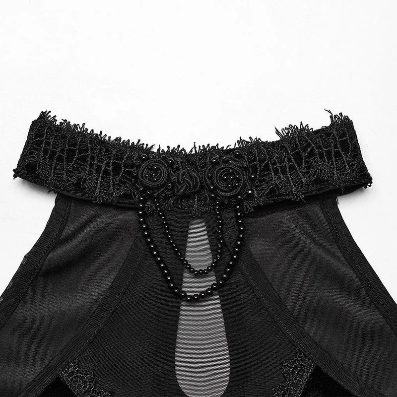 Damen Gothic Off Shoulder Mesh Splice Samtkleid