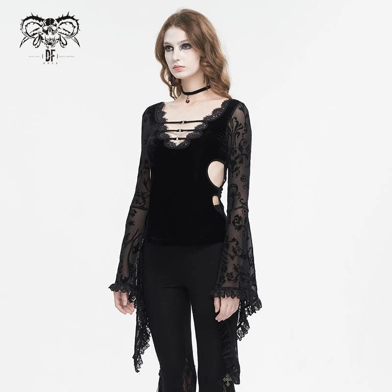 Damen-Punk-Hemd mit tiefem, ausgestelltem Ärmel und Mesh-Splice-Motiv