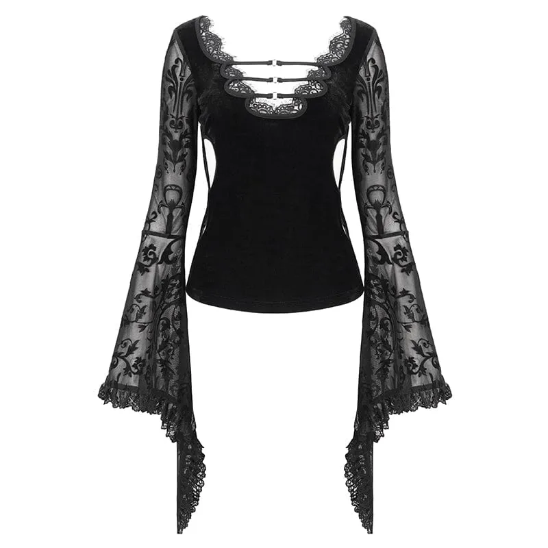 Damen-Punk-Hemd mit tiefem, ausgestelltem Ärmel und Mesh-Splice-Motiv