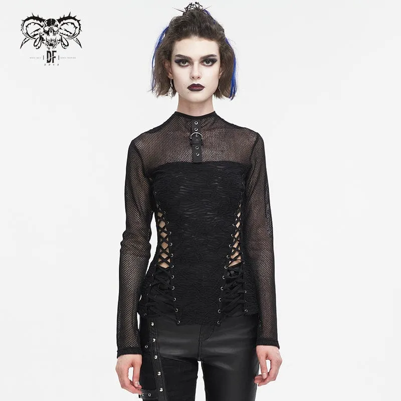 Damen-Punk-Hemd mit Riemchen und Splice-Rüschen aus Netzstoff