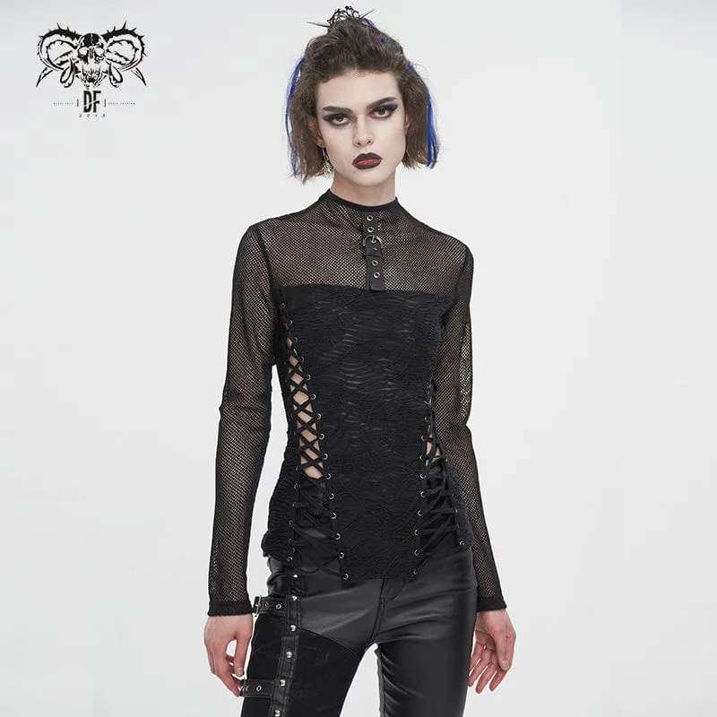 Damen-Punk-Hemd mit Riemchen und Splice-Rüschen aus Netzstoff