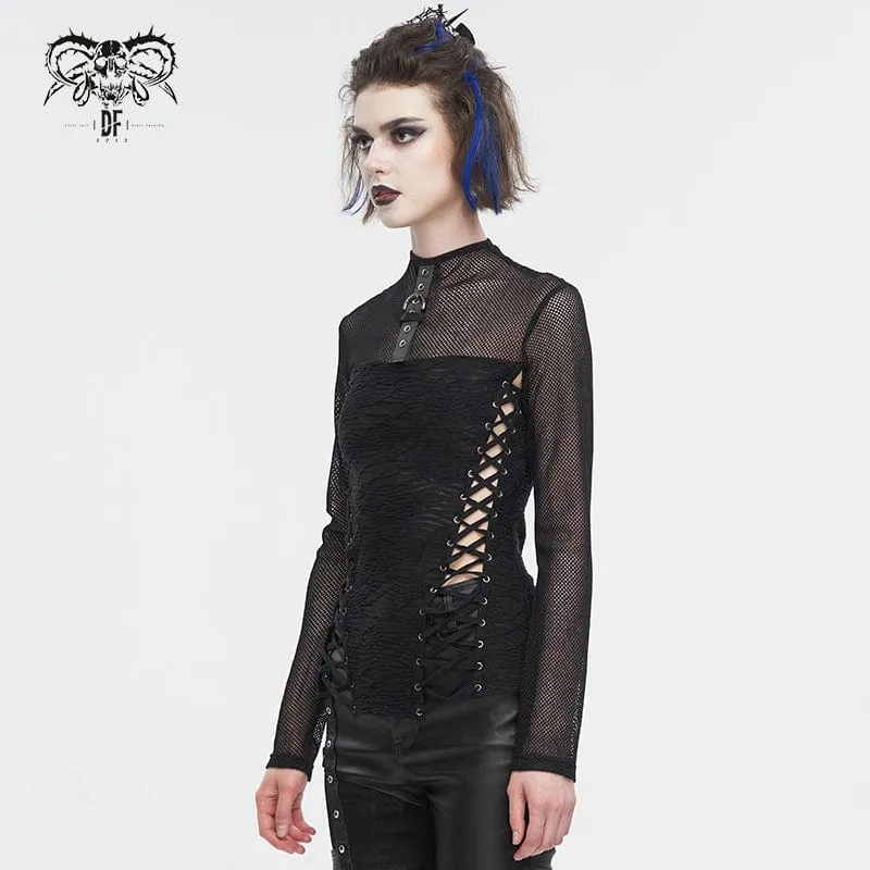 Damen-Punk-Hemd mit Riemchen und Splice-Rüschen aus Netzstoff