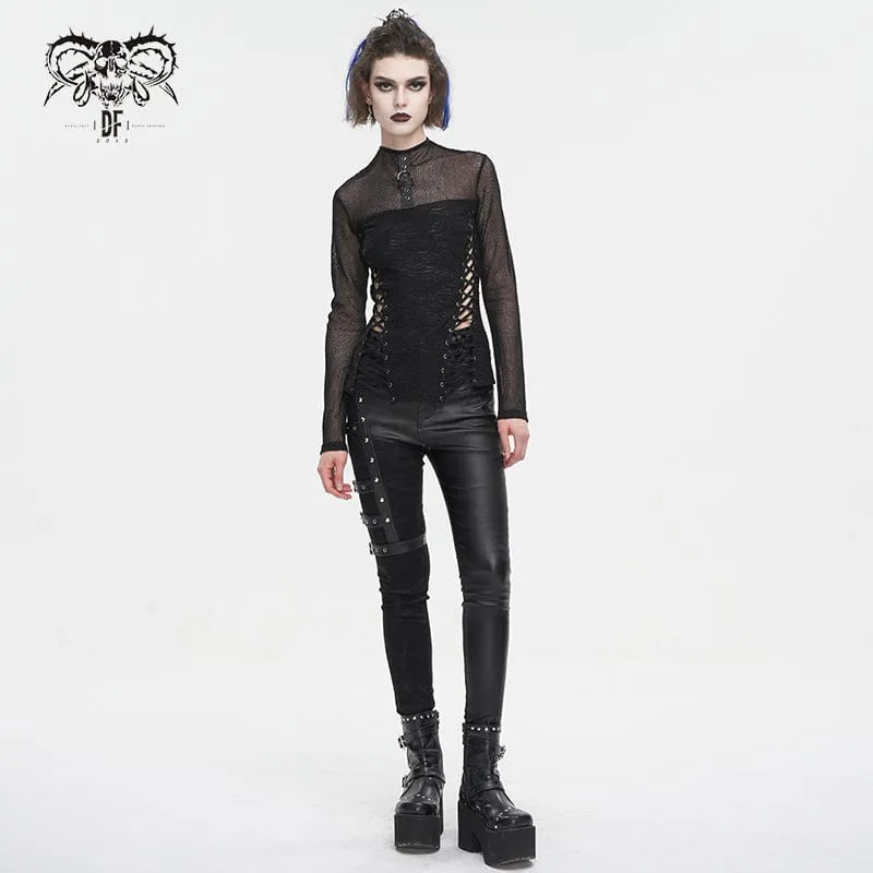 Damen-Punk-Hemd mit Riemchen und Splice-Rüschen aus Netzstoff