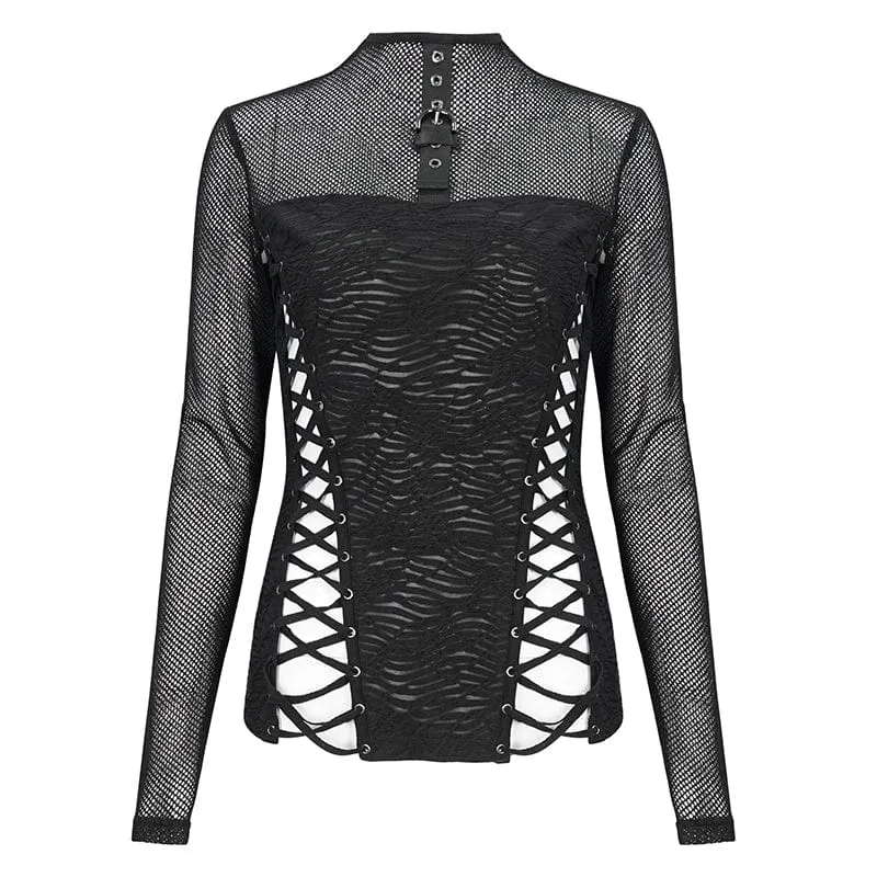 Damen-Punk-Hemd mit Riemchen und Splice-Rüschen aus Netzstoff