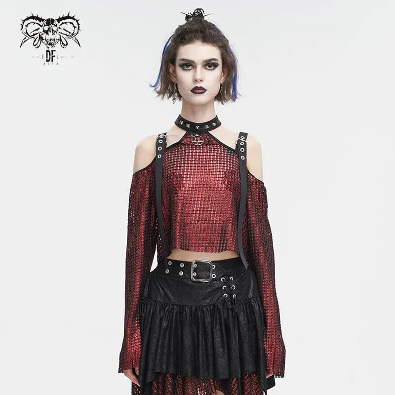 Schulterfreies, transparentes Crop-Top für Damen im Gothic-Stil mit schulterfreier Schnalle in Rot